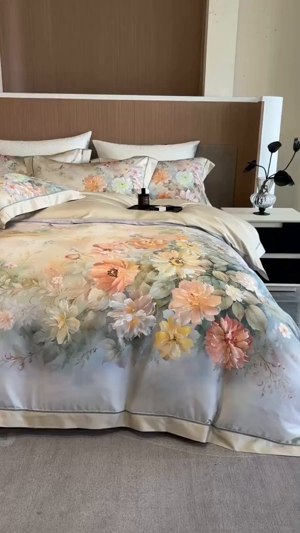 91家纺网 家纺一手货源 找家纺 佳汐蓝家纺 2025新款天丝棉数码印花镂空床盖款四件套 花间悦-绿