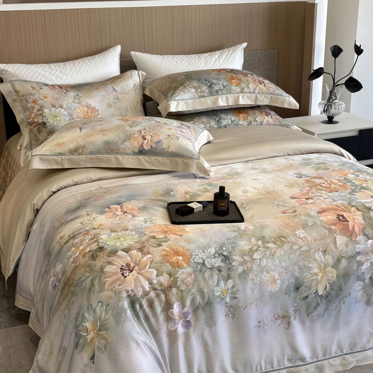 91家纺网 家纺一手货源 找家纺 （总）佳汐蓝家纺 2025新款天丝棉数码印花镂空床盖款四件套