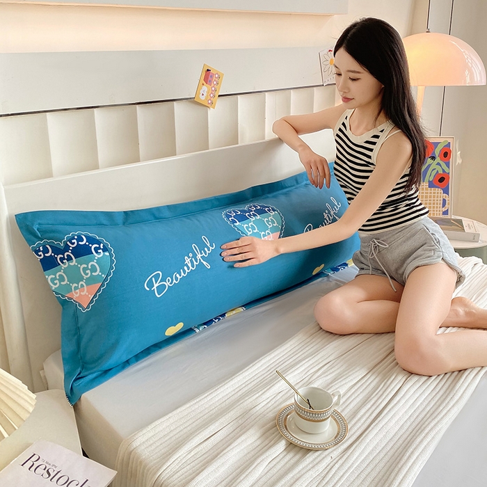 91家纺网 家纺一手货源 找家纺 雨彤家纺 2025新款小清新斜纹印花双人枕套 星愿-蓝