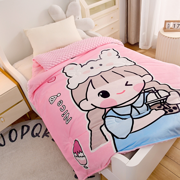 91家纺网 家纺一手货源 找家纺 萌宝家纺 2025新款可拆洗A类儿童豆豆绒大豆冬被儿童婴儿绒春秋被安抚被被子被芯 调皮女孩