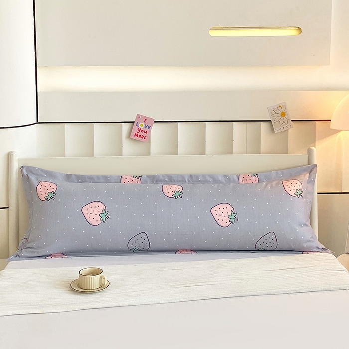 雨彤家纺 2025新款小清新斜纹印花双人枕套 草莓圣代-灰