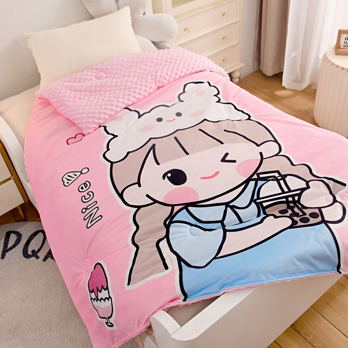 91家纺网 家纺一手货源 找家纺 萌宝家纺 2025新款可拆洗A类儿童豆豆绒大豆冬被儿童婴儿绒春秋被安抚被被子被芯 调皮女孩