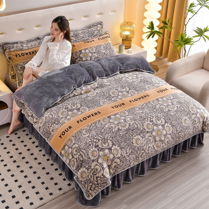 芯诗曼2025新款8.5斤直播热款高克重牛奶绒法莱绒水晶金貂法莱绒四件套 繁花嫩叶