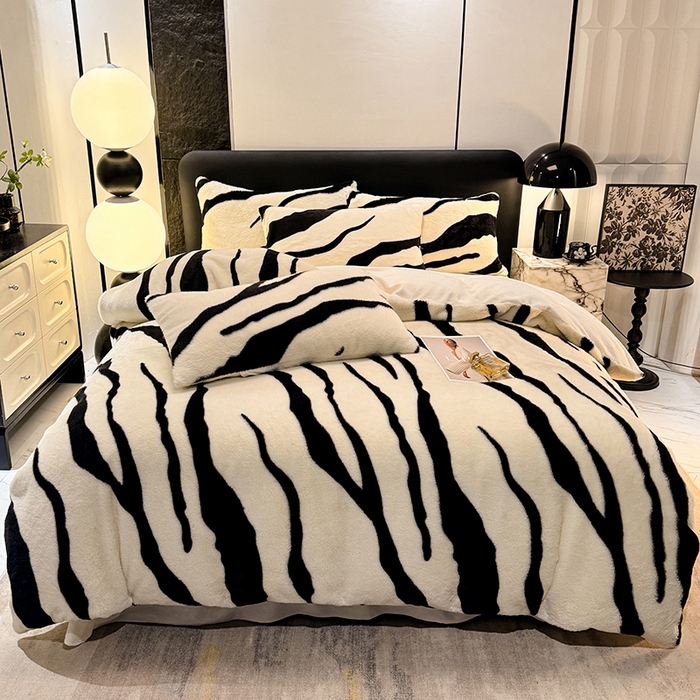 91家纺网 家纺一手货源 找家纺 唐人居 2025新款兔毛绒牛奶绒四件套--斑马 斑马-奶白