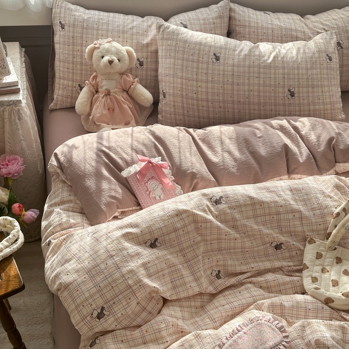 91家纺网 家纺一手货源 找家纺 丽美人家纺 2025新款【全尺寸不断货】高克重木棉提花双层纱四件套 QB约克夏