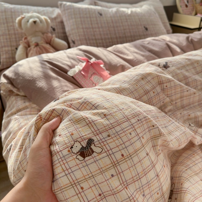 91家纺网 家纺一手货源 找家纺 丽美人家纺 2025新款【全尺寸不断货】高克重木棉提花双层纱四件套 QB约克夏