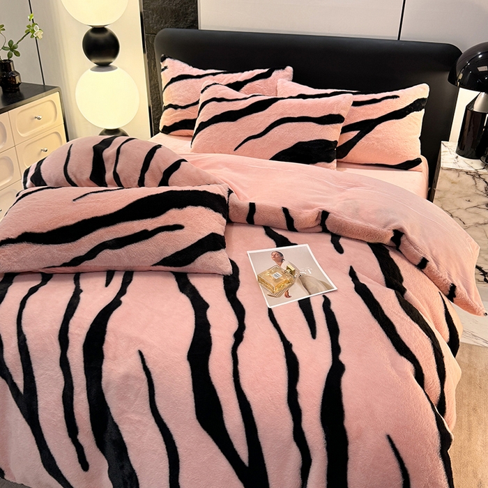 91家纺网 家纺一手货源 找家纺 唐人居 2025新款兔毛绒牛奶绒四件套--斑马 斑马-藕粉