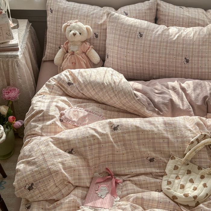 91家纺网 家纺一手货源 找家纺 丽美人家纺 2025新款【全尺寸不断货】高克重木棉提花双层纱四件套 QB约克夏