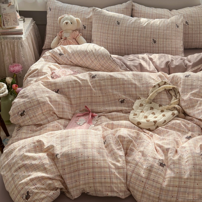 91家纺网 家纺一手货源 找家纺 丽美人家纺 2025新款【全尺寸不断货】高克重木棉提花双层纱四件套 QB约克夏