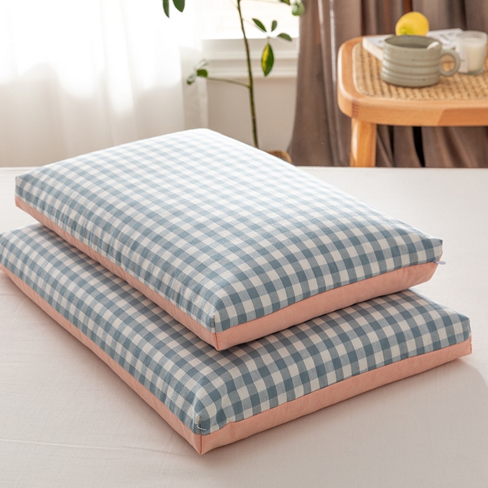 91家纺网 家纺一手货源 找家纺 小米枕芯 2025新款水洗棉荞麦枕头枕芯 蓝格