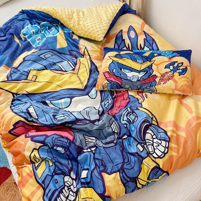 91家纺网 家纺一手货源 找家纺 萌宝家纺 2025新款可拆洗A类儿童豆豆绒大豆冬被儿童婴儿绒春秋被安抚被被子被芯 机甲战士