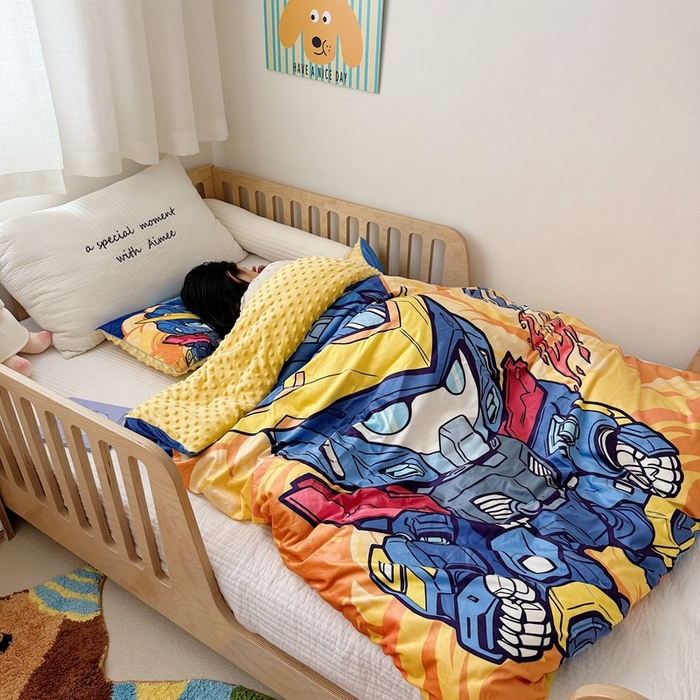 91家纺网 家纺一手货源 找家纺 萌宝家纺 2025新款可拆洗A类儿童豆豆绒大豆冬被儿童婴儿绒春秋被安抚被被子被芯 机甲战士