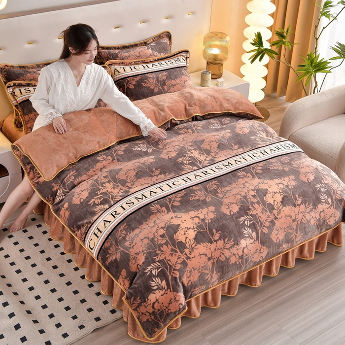 芯诗曼2025新款8.5斤直播热款高克重牛奶绒法莱绒水晶金貂法莱绒四件套 黄金叶