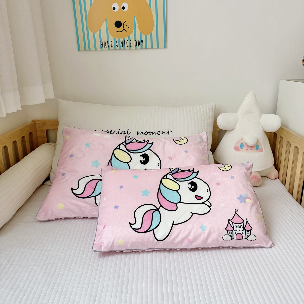 91家纺网 家纺一手货源 找家纺 萌宝家纺 2025新款大版儿童豆豆绒枕套幼儿园安抚枕头枕芯 小马