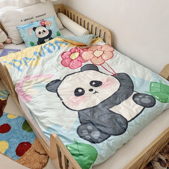 91家纺网 家纺一手货源 找家纺 萌宝家纺 2025新款可拆洗A类儿童豆豆绒大豆冬被儿童婴儿绒春秋被安抚被被子被芯 气球熊猫