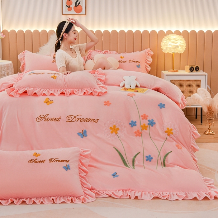 唐人居 2025新款宝宝绒毛巾绣花边四件套-蒲公英之恋 蒲公英之恋-粉