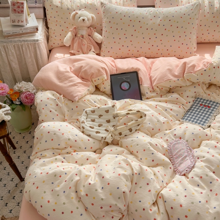 91家纺网 家纺一手货源 找家纺 丽美人家纺 2025新款【全尺寸不断货】高克重木棉提花双层纱四件套 QB彩色波点