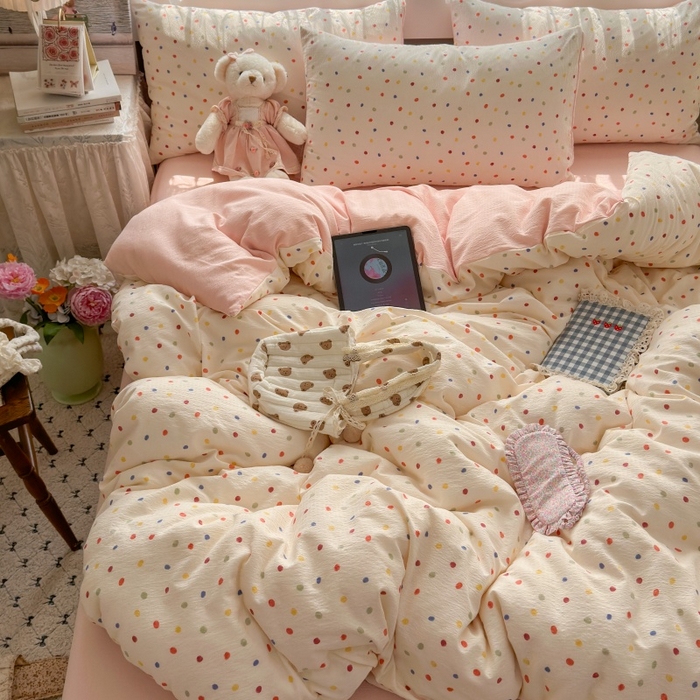 91家纺网 家纺一手货源 找家纺 丽美人家纺 2025新款【全尺寸不断货】高克重木棉提花双层纱四件套 QB彩色波点