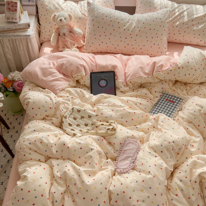 91家纺网 家纺一手货源 找家纺 丽美人家纺 2025新款【全尺寸不断货】高克重木棉提花双层纱四件套 QB彩色波点