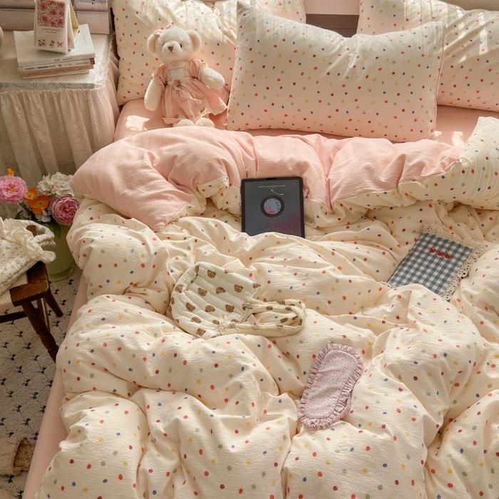 91家纺网 家纺一手货源 找家纺 丽美人家纺 2025新款【全尺寸不断货】高克重木棉提花双层纱四件套 QB彩色波点