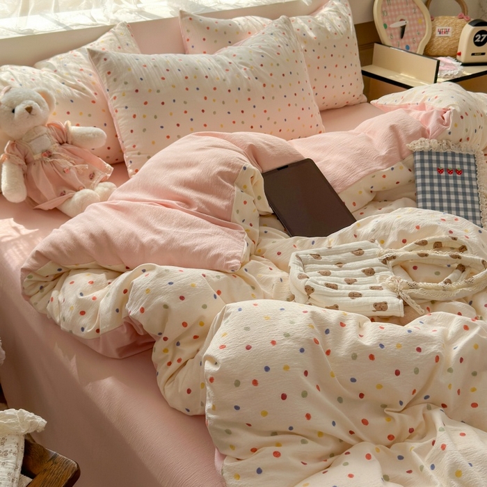 91家纺网 家纺一手货源 找家纺 丽美人家纺 2025新款【全尺寸不断货】高克重木棉提花双层纱四件套 QB彩色波点