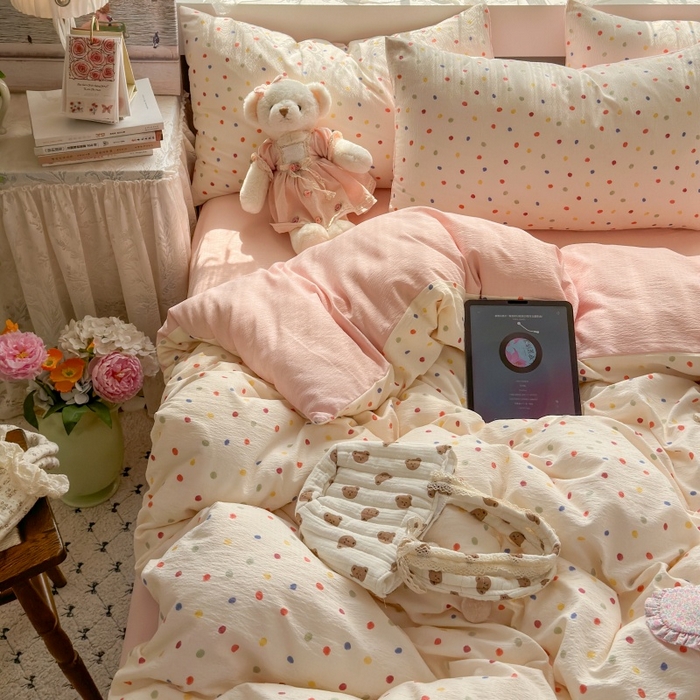 91家纺网 家纺一手货源 找家纺 丽美人家纺 2025新款【全尺寸不断货】高克重木棉提花双层纱四件套 QB彩色波点