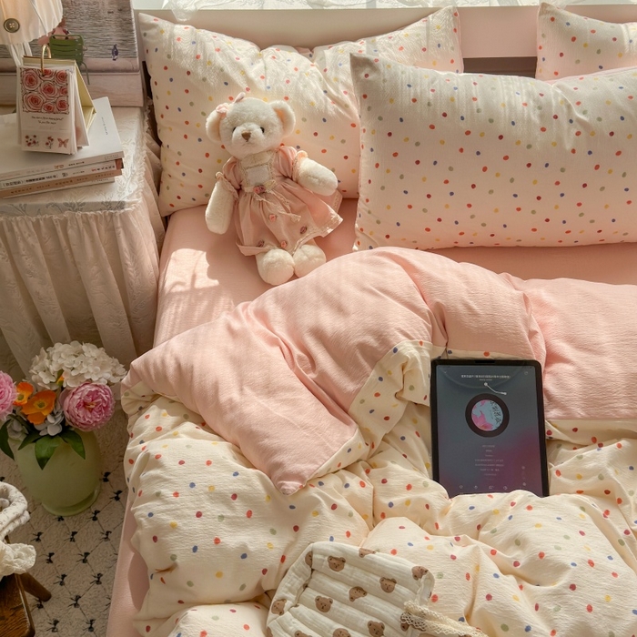 91家纺网 家纺一手货源 找家纺 丽美人家纺 2025新款【全尺寸不断货】高克重木棉提花双层纱四件套 QB彩色波点