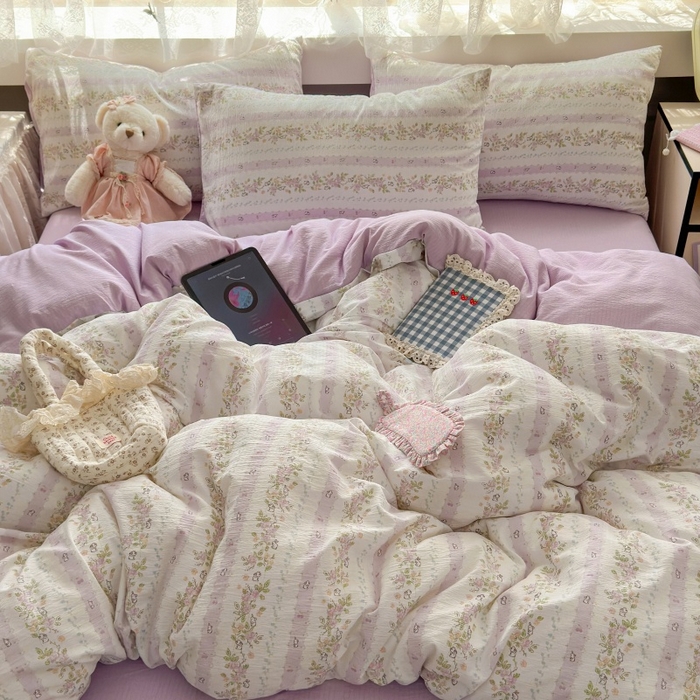 91家纺网 家纺一手货源 找家纺 丽美人家纺 2025新款【全尺寸不断货】高克重木棉提花双层纱四件套 QB春日小花