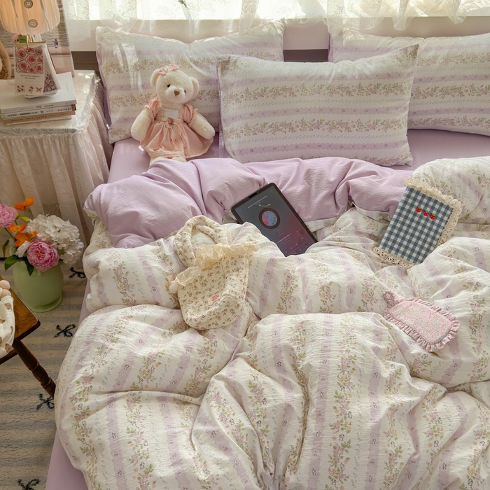 91家纺网 家纺一手货源 找家纺 丽美人家纺 2025新款【全尺寸不断货】高克重木棉提花双层纱四件套 QB春日小花