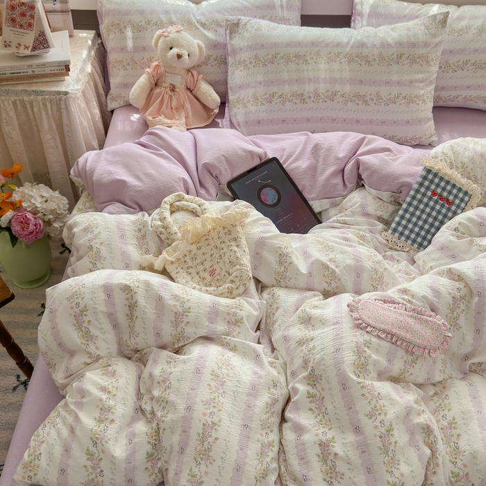 91家纺网 家纺一手货源 找家纺 丽美人家纺 2025新款【全尺寸不断货】高克重木棉提花双层纱四件套 QB春日小花