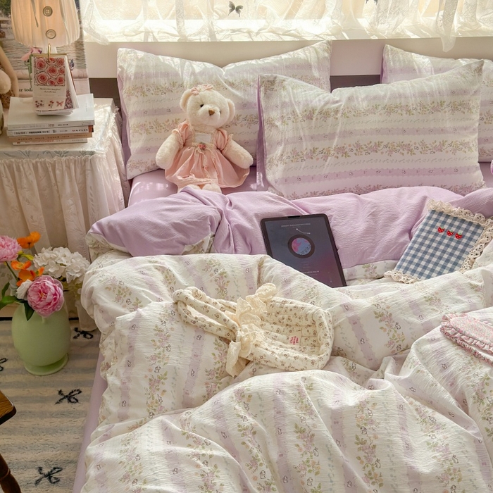 91家纺网 家纺一手货源 找家纺 丽美人家纺 2025新款【全尺寸不断货】高克重木棉提花双层纱四件套 QB春日小花