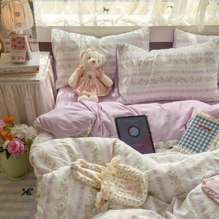 91家纺网 家纺一手货源 找家纺 丽美人家纺 2025新款【全尺寸不断货】高克重木棉提花双层纱四件套 QB春日小花