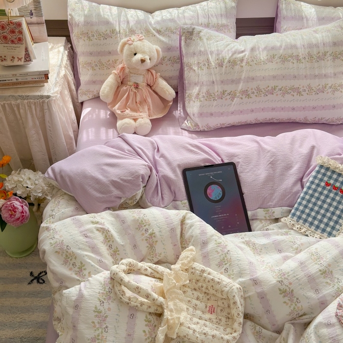 91家纺网 家纺一手货源 找家纺 丽美人家纺 2025新款【全尺寸不断货】高克重木棉提花双层纱四件套 QB春日小花