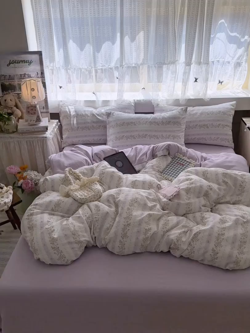 91家纺网 家纺一手货源 找家纺 丽美人家纺 2025新款【全尺寸不断货】高克重木棉提花双层纱四件套 QB春日小花