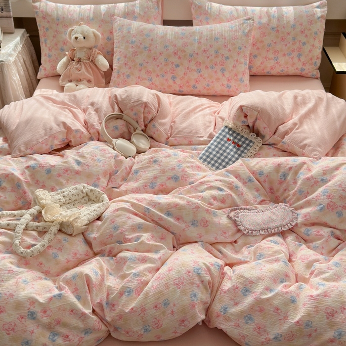 91家纺网 家纺一手货源 找家纺 丽美人家纺 2025新款【全尺寸不断货】高克重木棉提花双层纱四件套 QB粉黛