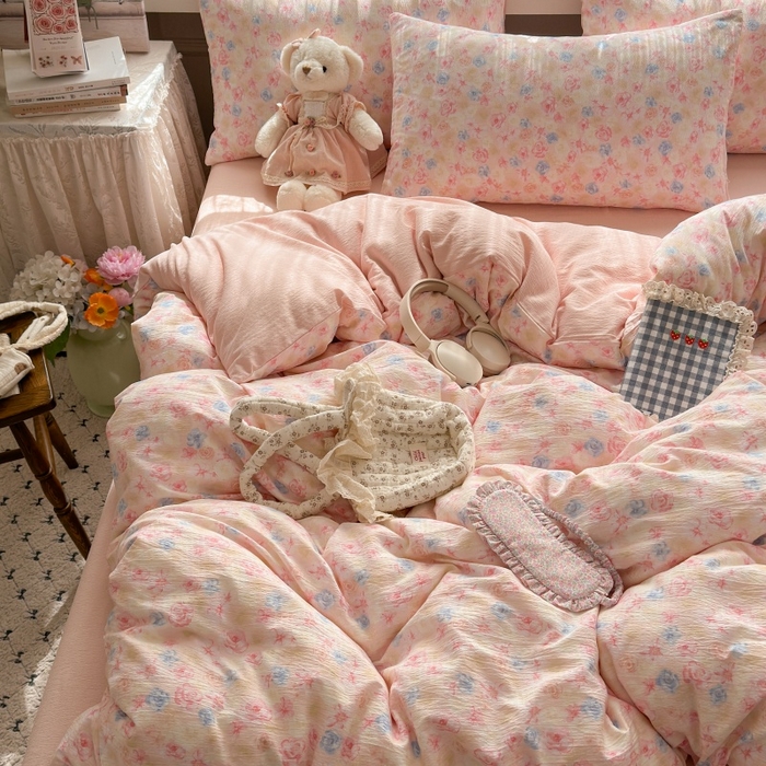 91家纺网 家纺一手货源 找家纺 丽美人家纺 2025新款【全尺寸不断货】高克重木棉提花双层纱四件套 QB粉黛