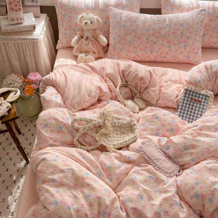 91家纺网 家纺一手货源 找家纺 丽美人家纺 2025新款【全尺寸不断货】高克重木棉提花双层纱四件套 QB粉黛