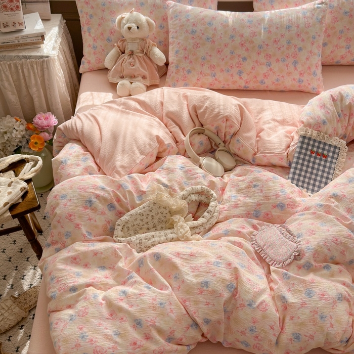 91家纺网 家纺一手货源 找家纺 丽美人家纺 2025新款【全尺寸不断货】高克重木棉提花双层纱四件套 QB粉黛