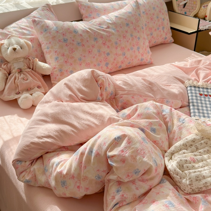 91家纺网 家纺一手货源 找家纺 丽美人家纺 2025新款【全尺寸不断货】高克重木棉提花双层纱四件套 QB粉黛