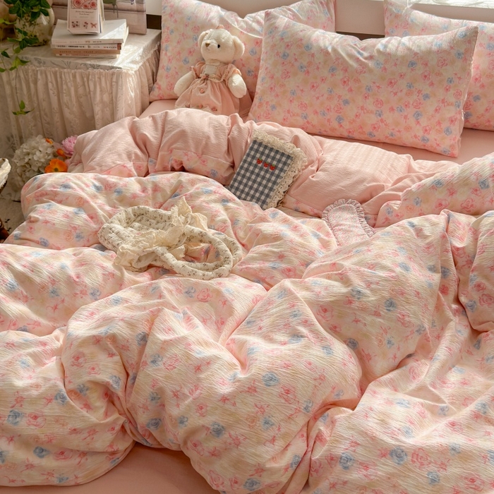 91家纺网 家纺一手货源 找家纺 丽美人家纺 2025新款【全尺寸不断货】高克重木棉提花双层纱四件套 QB粉黛