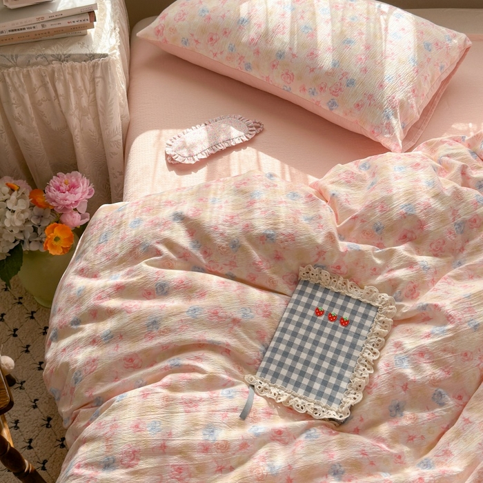 91家纺网 家纺一手货源 找家纺 丽美人家纺 2025新款【全尺寸不断货】高克重木棉提花双层纱四件套 QB粉黛