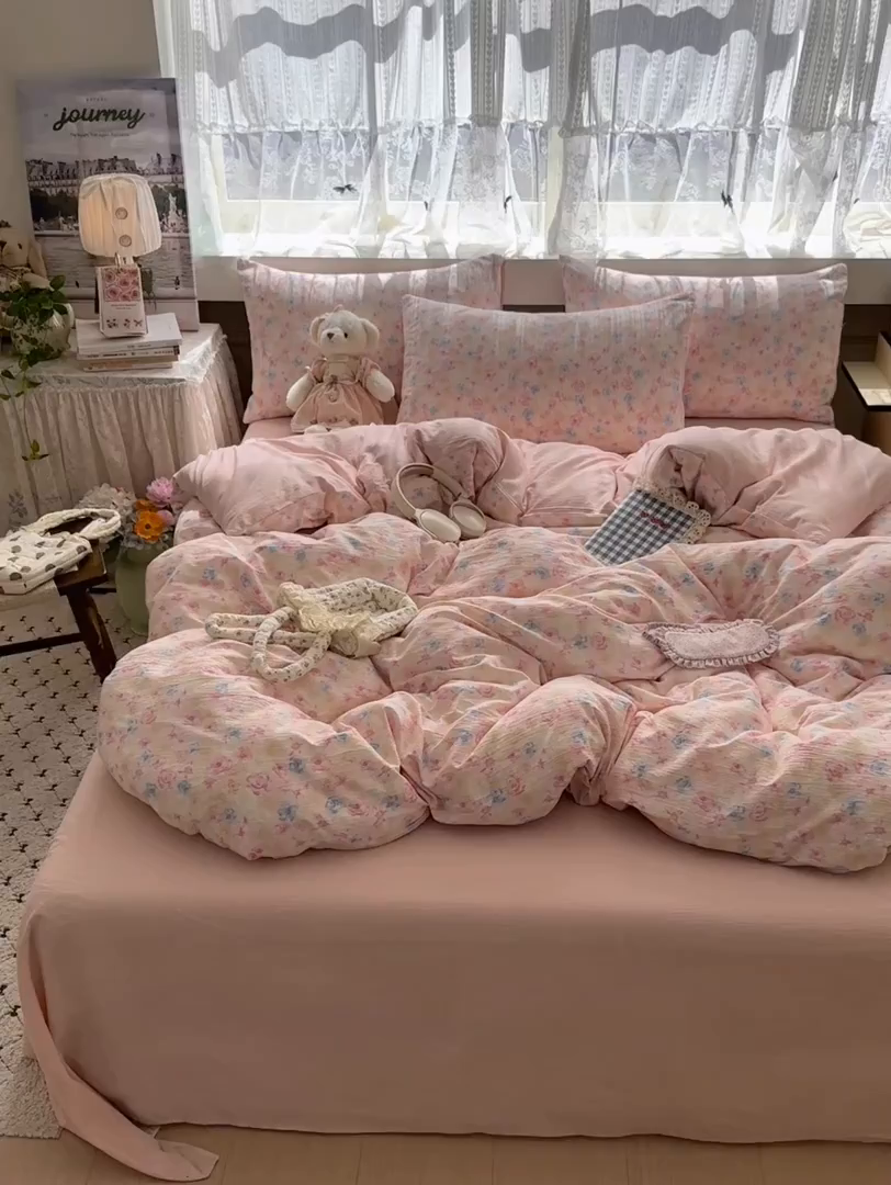 91家纺网 家纺一手货源 找家纺 丽美人家纺 2025新款【全尺寸不断货】高克重木棉提花双层纱四件套 QB粉黛