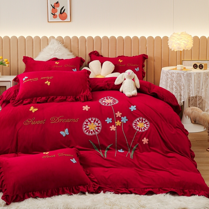 唐人居 2025新款宝宝绒毛巾绣花边四件套-蒲公英之恋 蒲公英之恋酱红