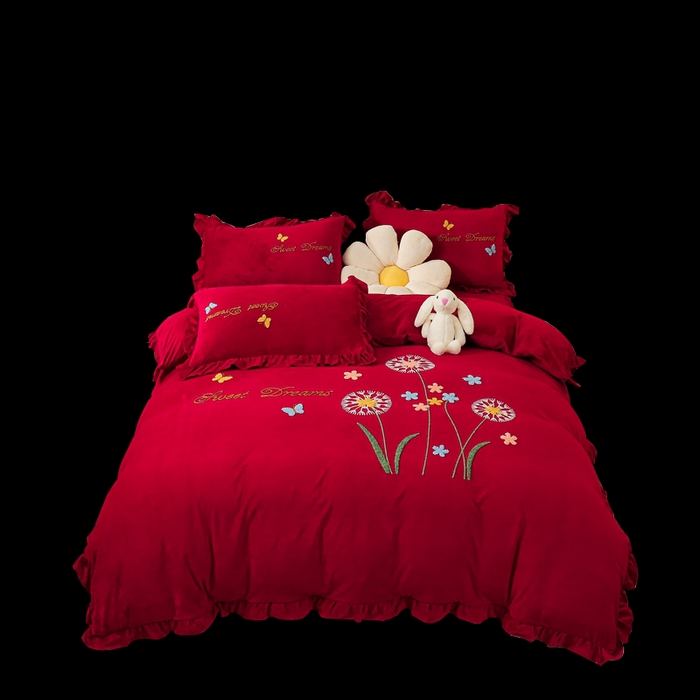 91家纺网 家纺一手货源 找家纺 唐人居 2025新款宝宝绒毛巾绣花边四件套-蒲公英之恋 蒲公英之恋酱红