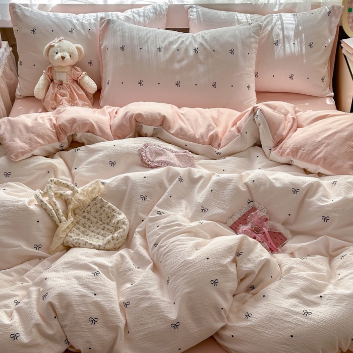 91家纺网 家纺一手货源 找家纺 丽美人家纺 2025新款【全尺寸不断货】高克重木棉提花双层纱四件套 QB粉色蝴蝶结