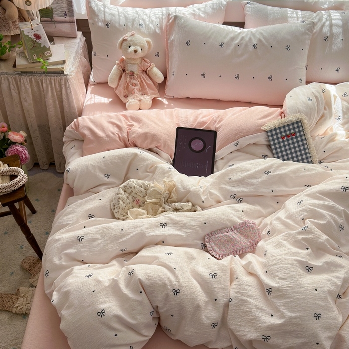 91家纺网 家纺一手货源 找家纺 丽美人家纺 2025新款【全尺寸不断货】高克重木棉提花双层纱四件套 QB粉色蝴蝶结