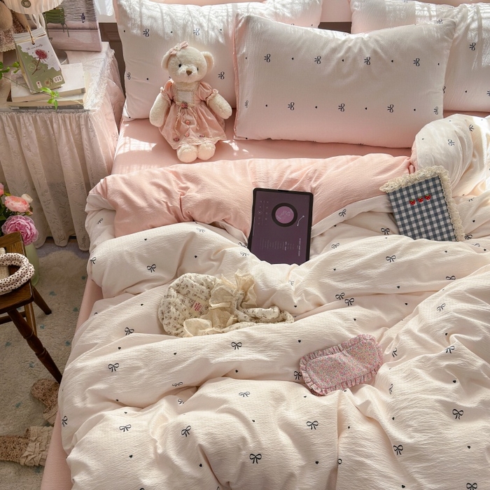 91家纺网 家纺一手货源 找家纺 丽美人家纺 2025新款【全尺寸不断货】高克重木棉提花双层纱四件套 QB粉色蝴蝶结