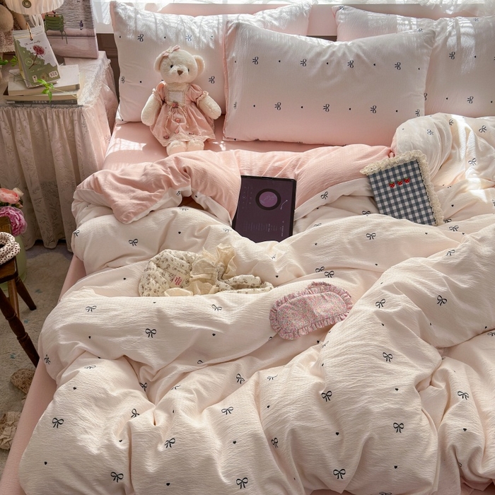 91家纺网 家纺一手货源 找家纺 丽美人家纺 2025新款【全尺寸不断货】高克重木棉提花双层纱四件套 QB粉色蝴蝶结