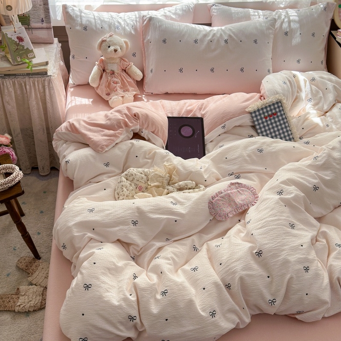 91家纺网 家纺一手货源 找家纺 丽美人家纺 2025新款【全尺寸不断货】高克重木棉提花双层纱四件套 QB粉色蝴蝶结