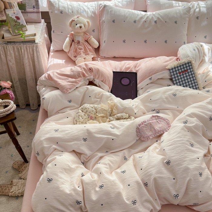 91家纺网 家纺一手货源 找家纺 丽美人家纺 2025新款【全尺寸不断货】高克重木棉提花双层纱四件套 QB粉色蝴蝶结